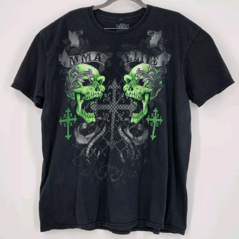MMA Elite Men’s Size XL Y2K Grunge Skull Cross Double Sided Graphic Shirt Biker